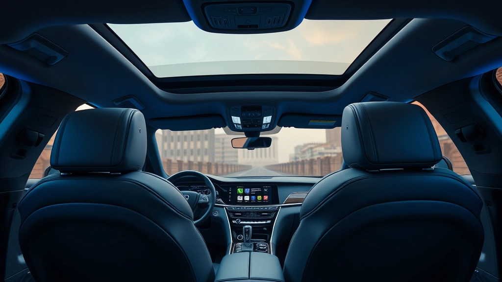 Premium luxury car interior featuring hand-stitched leather seats, ambient lighting with blue tones, modern touchscreen dashboard display, and panoramic sunroof creating open cabin atmosphere