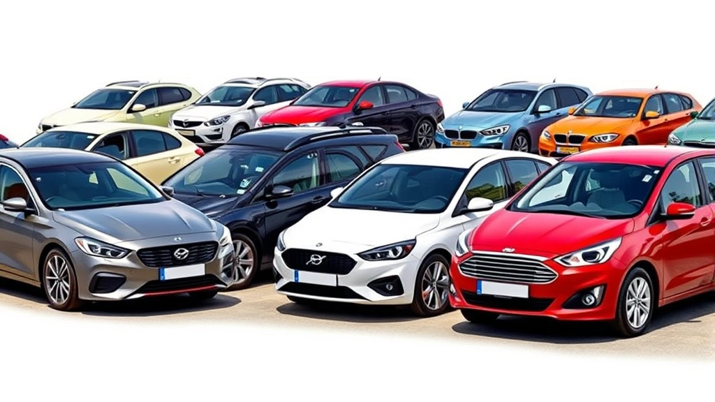 Multiple diverse car models parked in row for comparison, daylight photography, sedan and compact vehicles visible, neutral background, purchase decision visualization