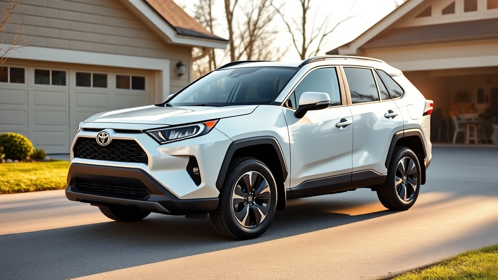 Toyota RAV4 compact crossover SUV in pearl white, photographed in suburban driveway with family garage, morning sunlight highlighting muscular body lines and all-wheel-drive stance