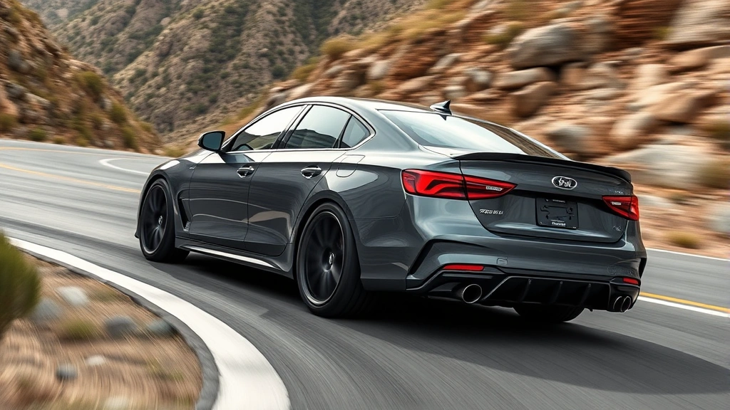 High-performance sport sedan cornering aggressively on mountain road, dynamic motion blur background, muscular stance and lowered suspension evident
