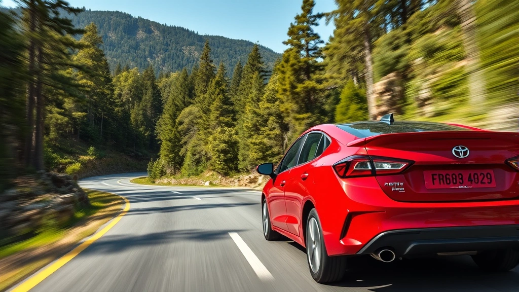Compact red sedan on winding mountain road with blurred forest scenery, dynamic driving perspective, sunlit conditions