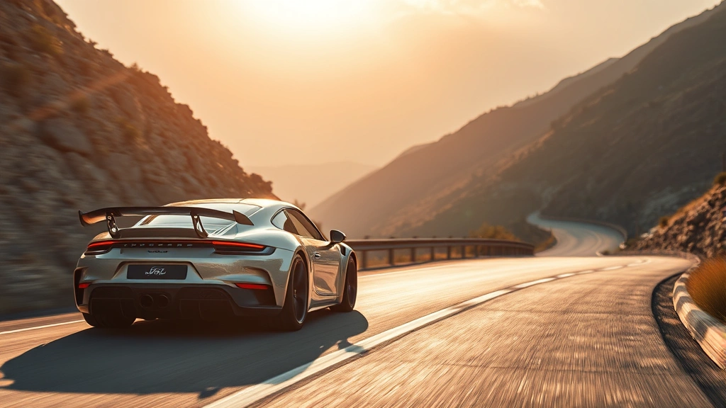 High-performance sports car photographed from three-quarter angle on winding mountain road, dynamic lighting highlighting aerodynamic curves