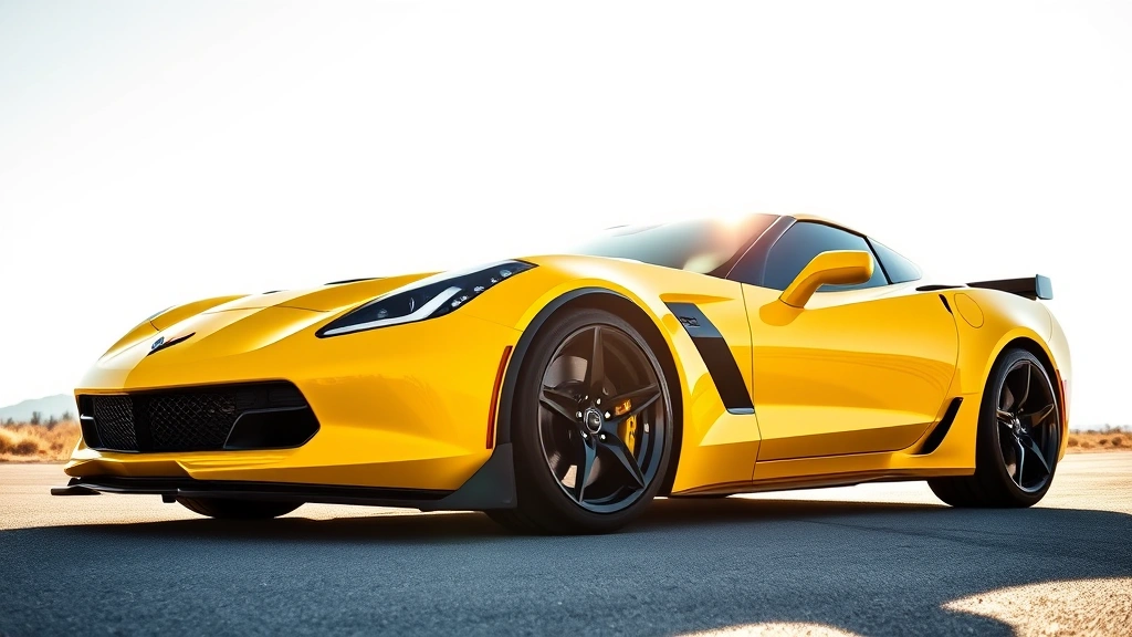 Bright yellow Chevrolet Corvette Z06 mid-engine sports car captured from elevated side profile angle showcasing low stance and aggressive body lines, sunlight reflecting off carbon fiber elements, dynamic composition