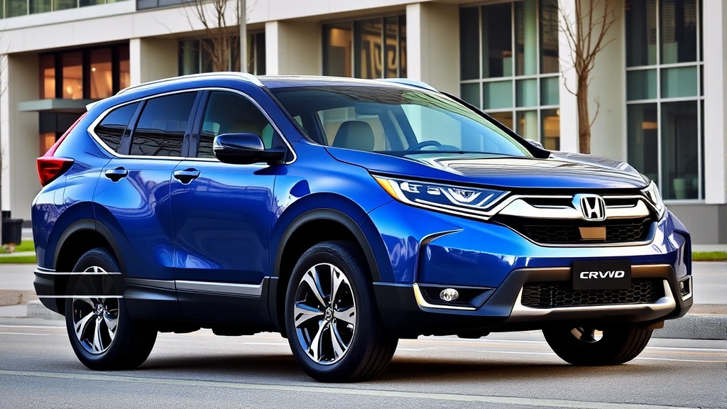 Honda CR-V Hybrid compact crossover in metallic blue, spacious interior visible with hybrid badge, parked in modern urban setting with contemporary architecture background