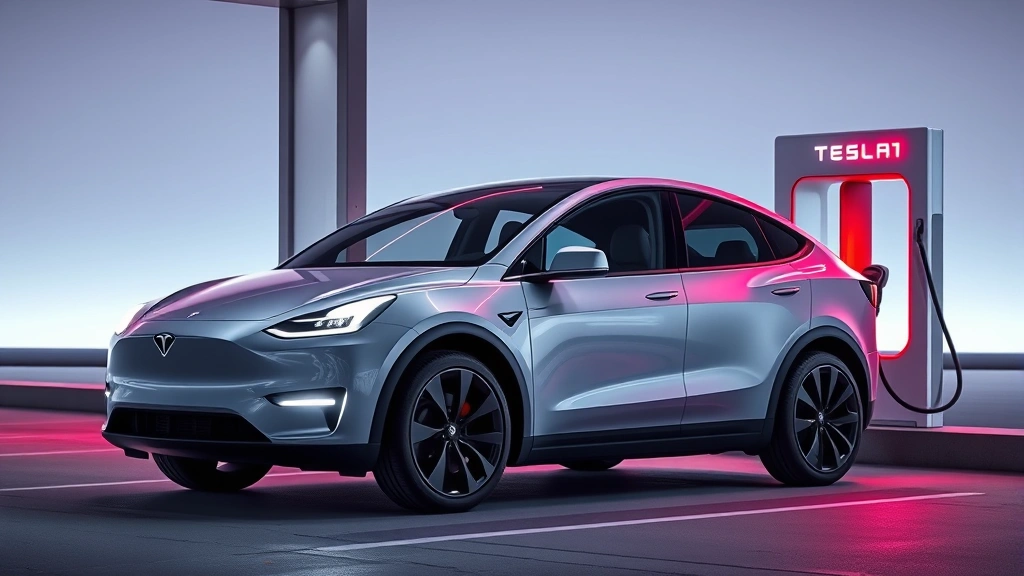 Tesla Model Y electric SUV charging at Supercharger station with dynamic lighting and futuristic design elements, clean minimalist composition