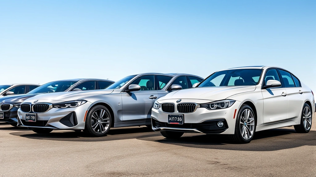 Professional sedan lineup comparison showing diverse models side by side, outdoor setting, clear daylight, multiple color variants visible