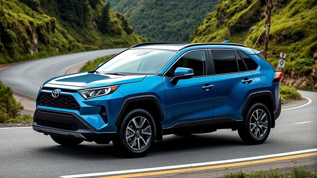 Toyota RAV4 Prime compact SUV in metallic blue paint, shot from dynamic three-quarter angle on winding mountain road, lush green landscape visible, modern crossover proportions emphasized, professional automotive photography lighting