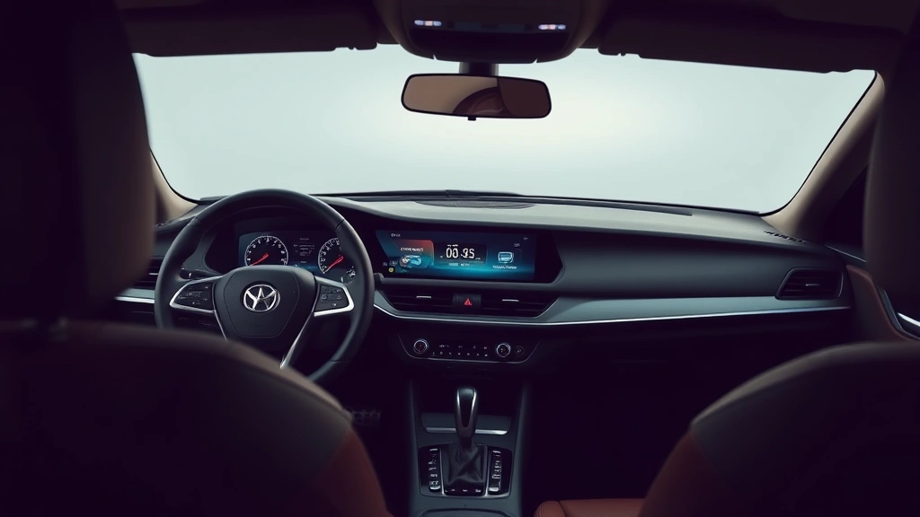 Performance sedan dashboard interior view, leather steering wheel, curved digital display, ambient lighting, modern minimalist design, premium materials visible, professional studio lighting, no visible text or displays