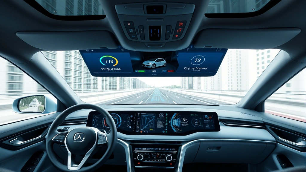 Advanced vehicle dashboard displaying AI interface with autonomous driving visualization, digital screens showing real-time data and metrics, clean modern interior