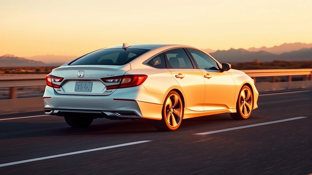 Honda Accord hybrid midsize sedan in pearl white, shot from side profile on open highway with distant mountains, golden hour lighting emphasizing aerodynamic curves and contemporary styling