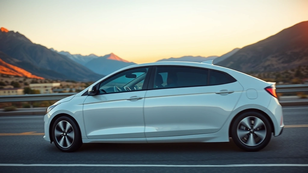 Hyundai Ioniq 6 teardrop-shaped electric sedan in pearl white, photographed from three-quarter angle on open highway with mountains visible, sunset golden hour lighting