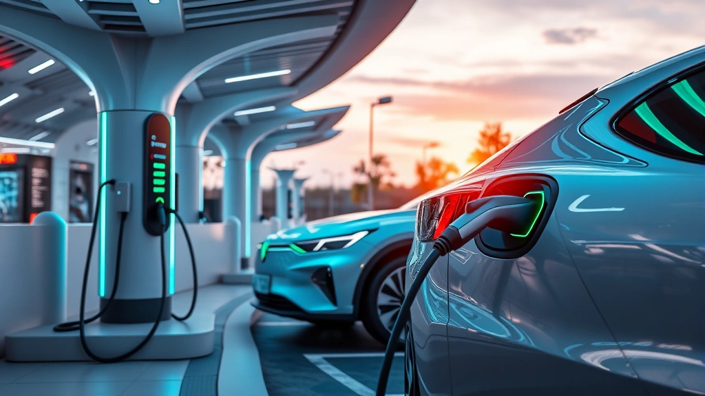 Electric vehicle charging at modern station, futuristic design, clean energy aesthetic, vehicle plugged in with charging port visible, contemporary infrastructure