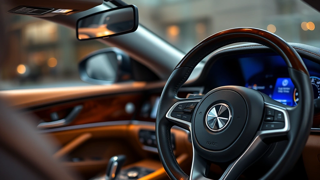 Luxury sedan interior dashboard and steering wheel detail, premium leather and wood trim, soft ambient lighting highlighting craftsmanship and elegant design elements