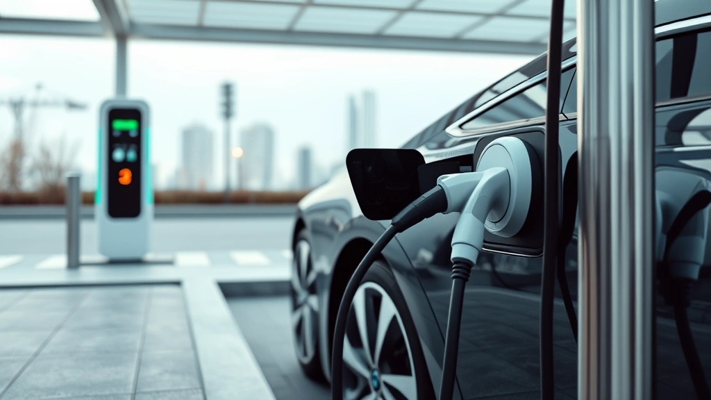 Electric vehicle charging at modern station with futuristic design, showing plug connection detail, minimalist urban environment