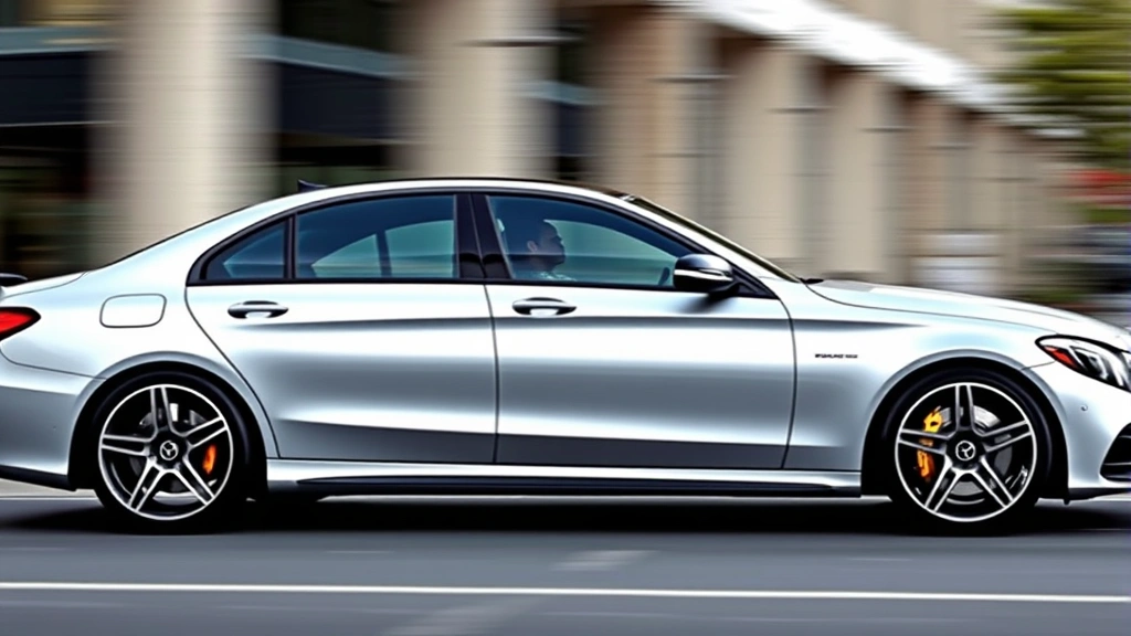 Mercedes-AMG C63 turbocharged sedan in silver, shot from the side profile with blurred urban background, showcasing sleek proportions and performance-oriented wheels