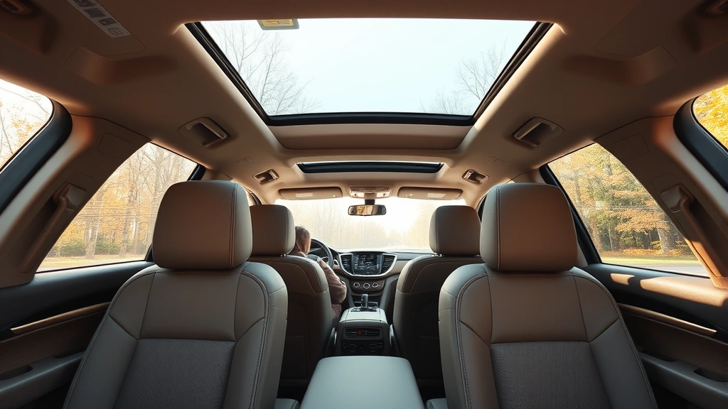 Spacious three-row crossover SUV captured from elevated angle showing interior cabin with premium materials, natural lighting through panoramic sunroof, family-oriented design emphasis