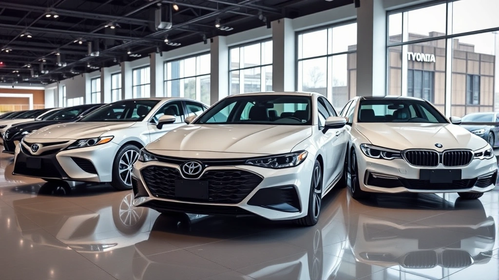 Multiple 2024 sedans lineup displayed together including Toyota Camry, Hyundai Sonata, and BMW 3 Series on showroom floor, luxury dealership environment, bright professional lighting highlighting design details