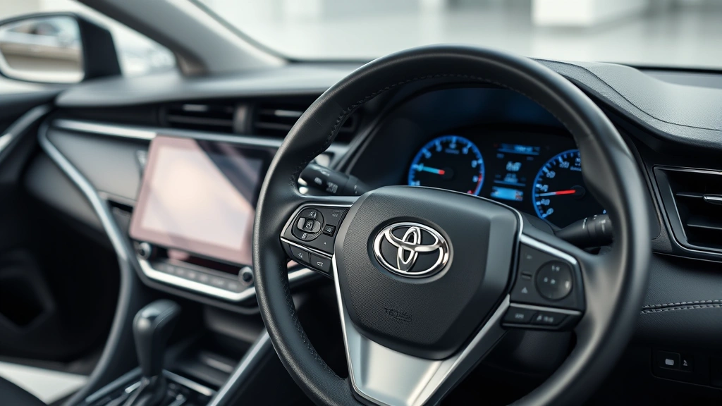 Toyota Camry hybrid sedan interior dashboard and steering wheel, modern technology display, clean minimalist design, professional automotive detail shot