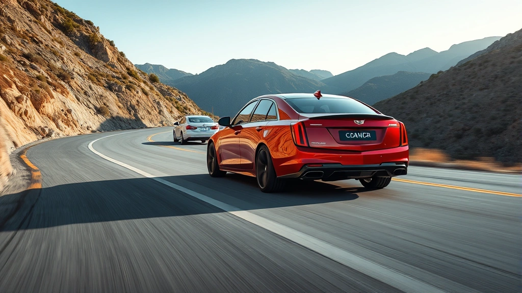 Red Cadillac CT5-V Blackwing sports sedan on winding mountain road, dynamic driving angle showing performance suspension, dramatic natural lighting with mountain scenery