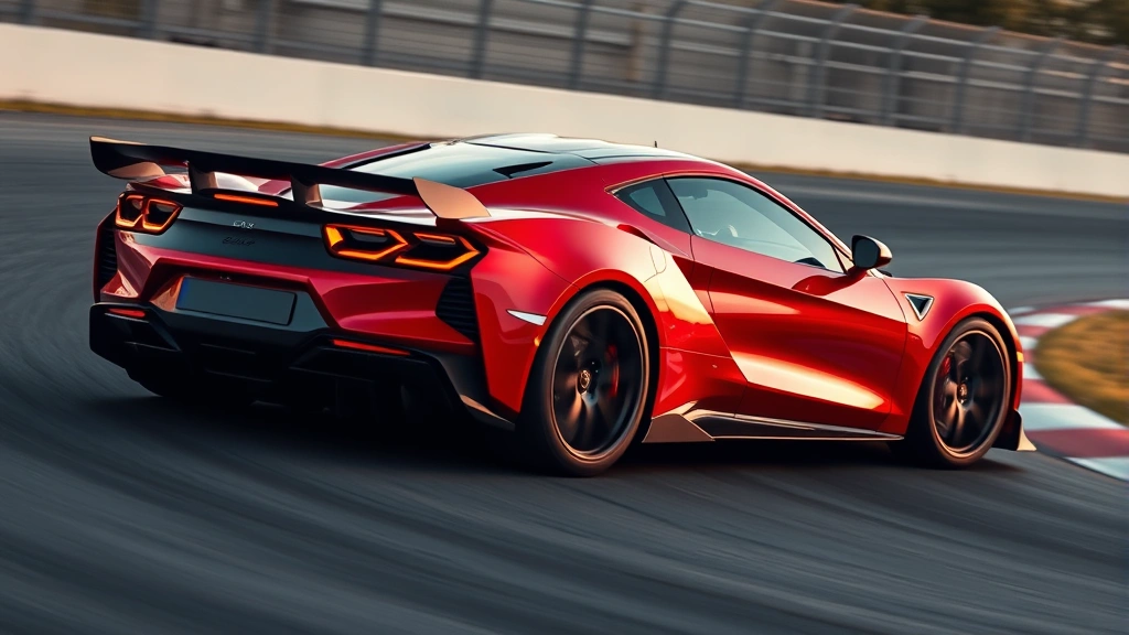 High-performance sports car mid-corner on closed track, aggressive aerodynamic styling, wide stance with performance tires, dynamic motion blur background, professional motorsport photography