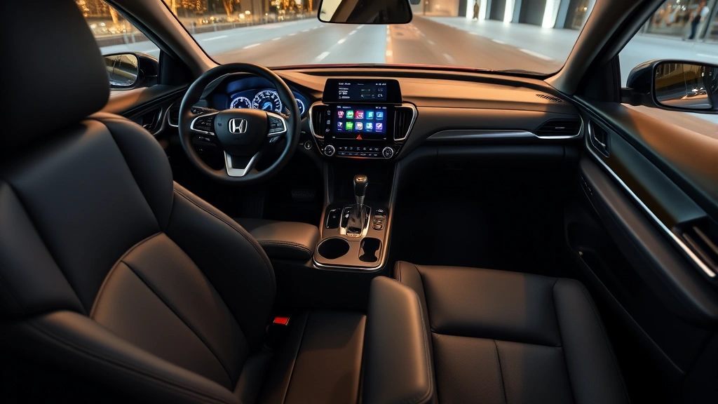 Honda Accord interior showing premium leather seats, steering wheel, and modern dashboard touchscreen display with ambient cabin lighting, detailed interior shot