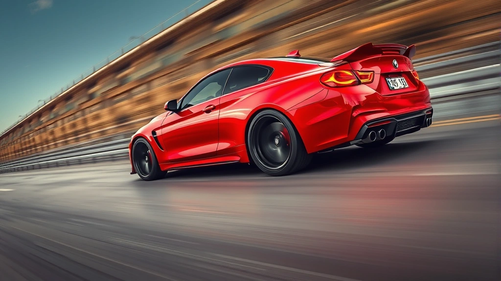 High-performance red sport sedan accelerating on empty highway, dynamic motion blur background, dramatic angle showcasing aggressive body lines and wheels