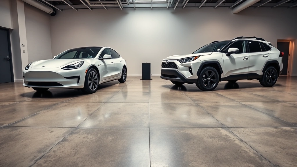 Wide-angle shot of a Tesla Model 3 and Toyota RAV4 parked side-by-side in a modern showroom with polished concrete floors, highlighting their contrasting designs and contemporary automotive styling, bright studio lighting