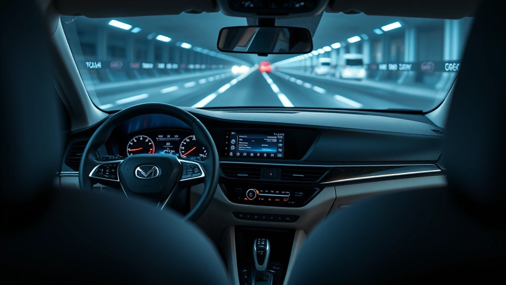 Modern sedan interior dashboard with digital displays, steering wheel visible, clean contemporary design, soft interior lighting, dashboard technology visible