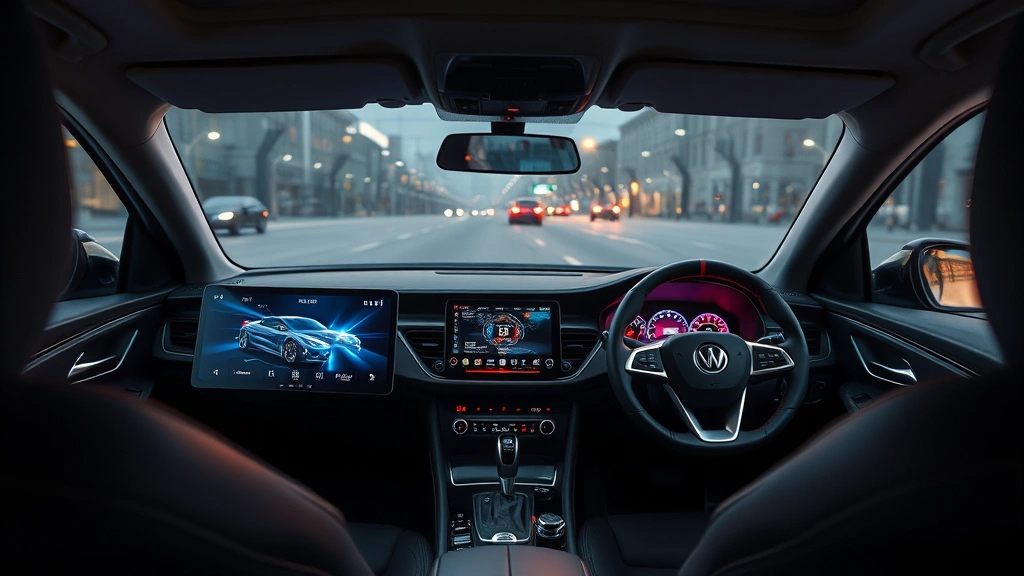 Midsize sedan interior dashboard with modern touchscreen, ambient lighting, premium steering wheel, contemporary infotainment technology