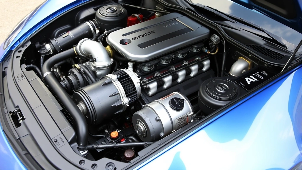 High-performance sports car engine with visible components, turbocharger, fuel injectors, detailed mechanical systems visible