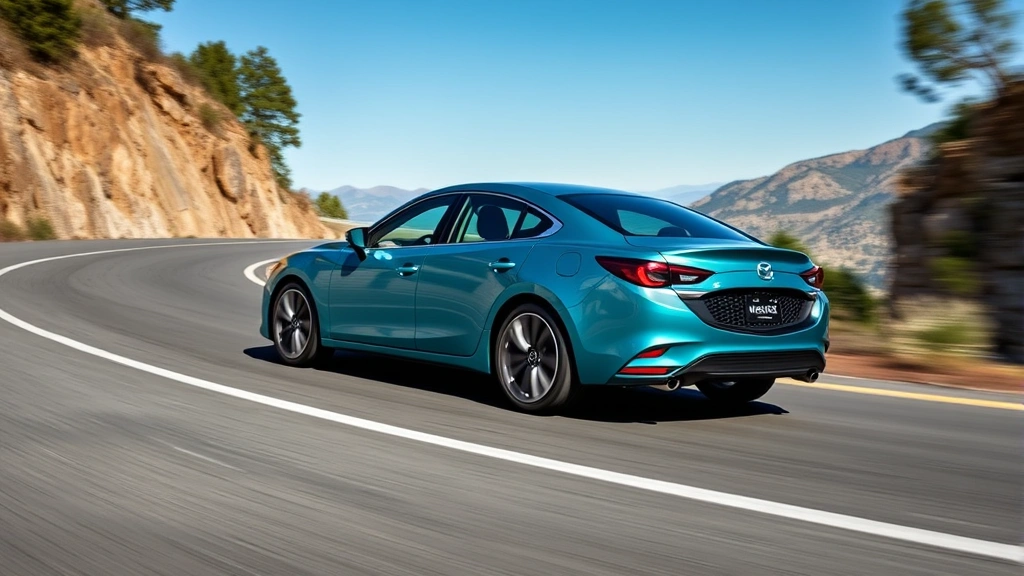 Dynamic action shot of turquoise Mazda6 sedan cornering on winding mountain road with clear blue sky, emphasizing athletic handling and contemporary styling