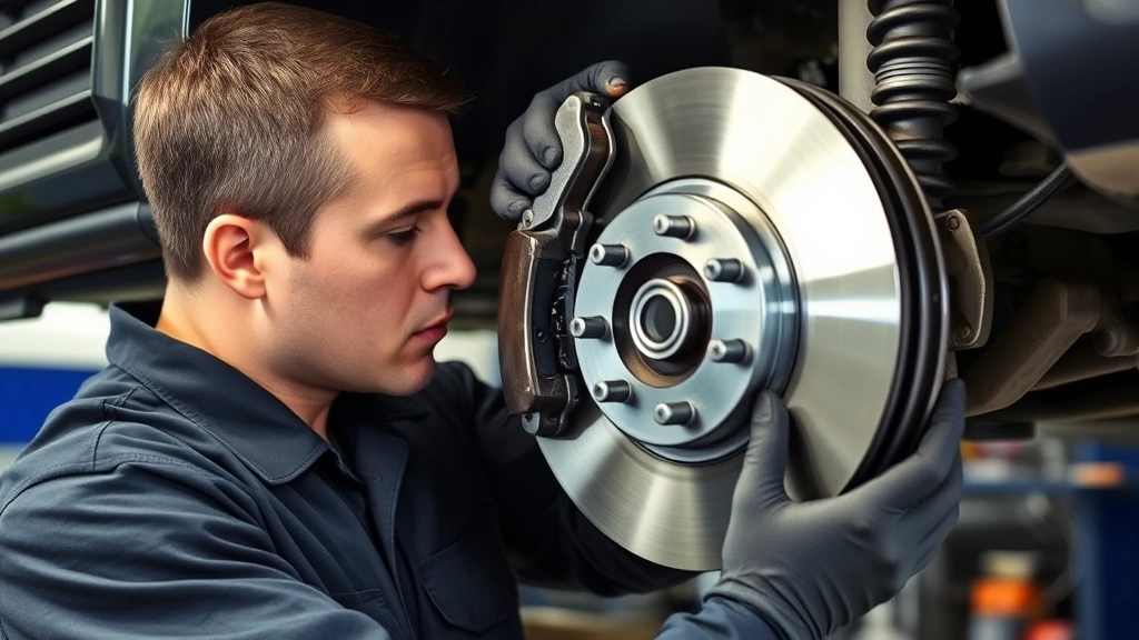 Technician inspecting brake pads and rotors on lifted vehicle, detailed close-up of brake system components, professional diagnostic setting