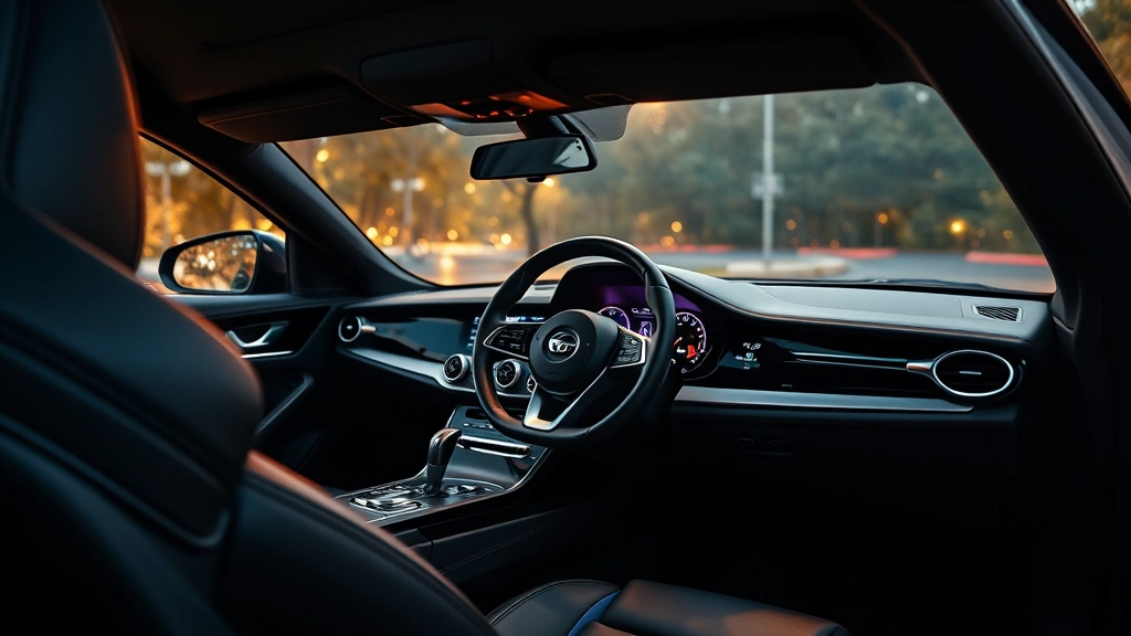 Interior cabin shot of luxury sport sedan dashboard featuring premium leather appointments, modern steering wheel design, digital instrument cluster, warm ambient lighting, emphasizing ergonomic sophistication