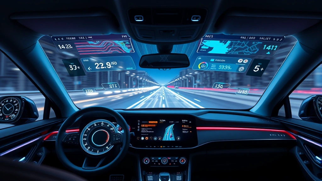 Advanced vehicle dashboard displaying holographic head-up display with autonomous driving visualization, digital interface showing sensor data and road mapping, futuristic cabin environment