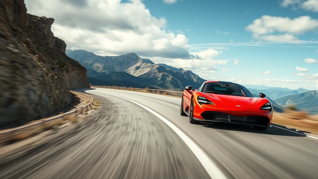 High-performance sports car accelerating on open mountain road, dramatic action shot with blurred background, showcasing athletic stance and aerodynamic design