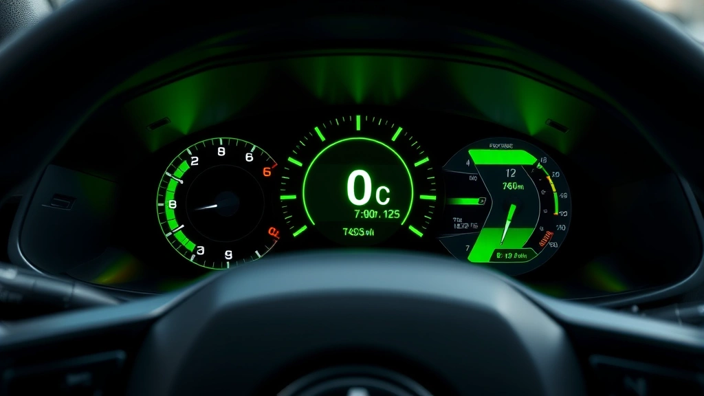 Hybrid vehicle dashboard displaying eco-driving mode with green illuminated efficiency gauge, showing regenerative braking energy recovery visualization in real-time