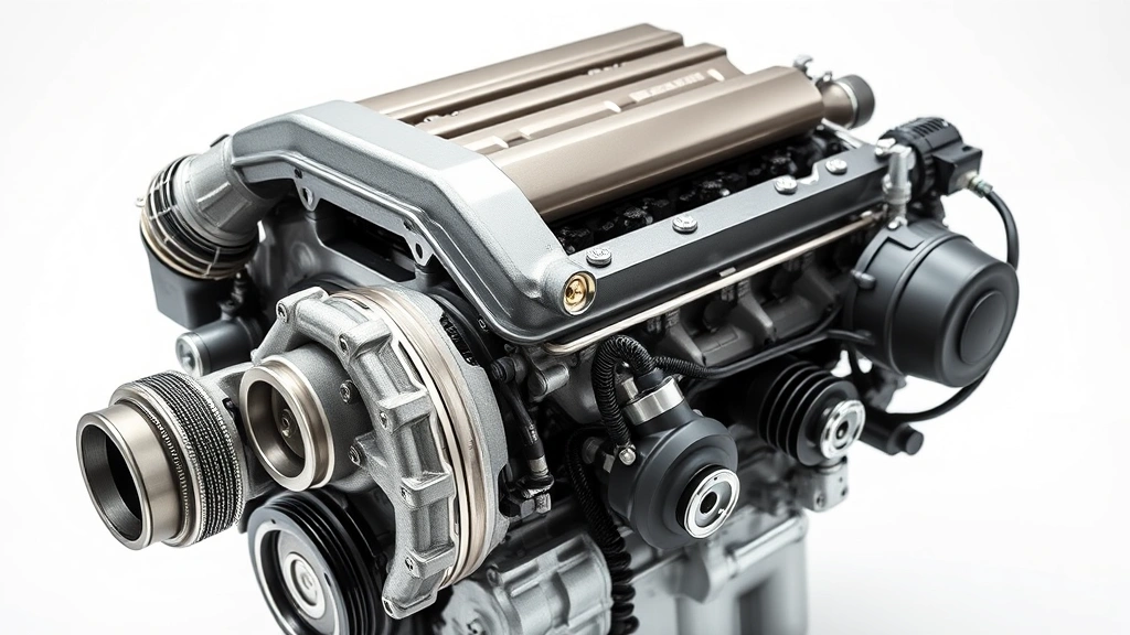 High-performance turbocharged sedan engine block with polished intake manifold and detailed mechanical components