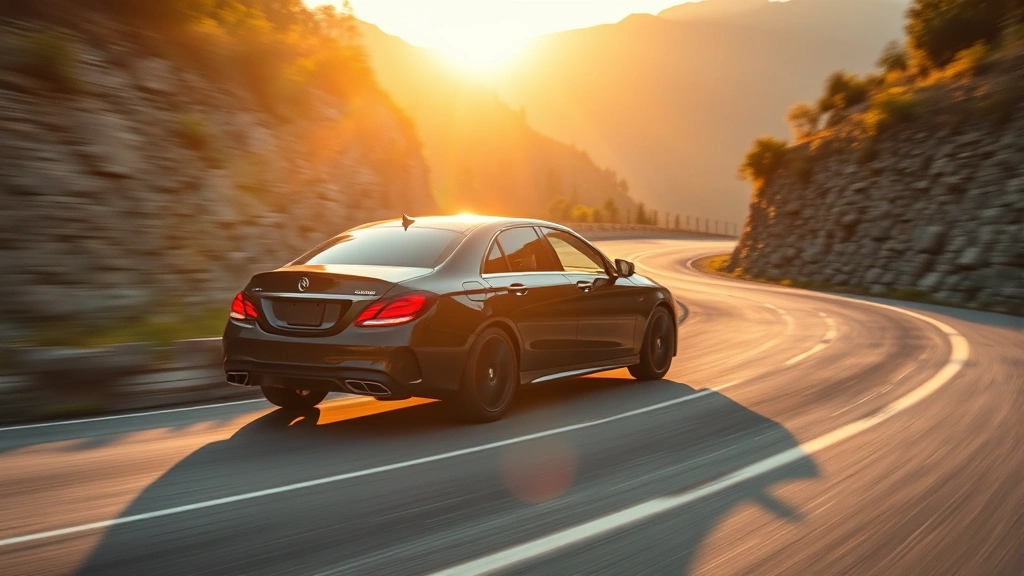 Performance sedan dynamic driving shot, mountain road curves, golden hour sunlight, motion blur background, sharp focus on vehicle, professional automotive photography