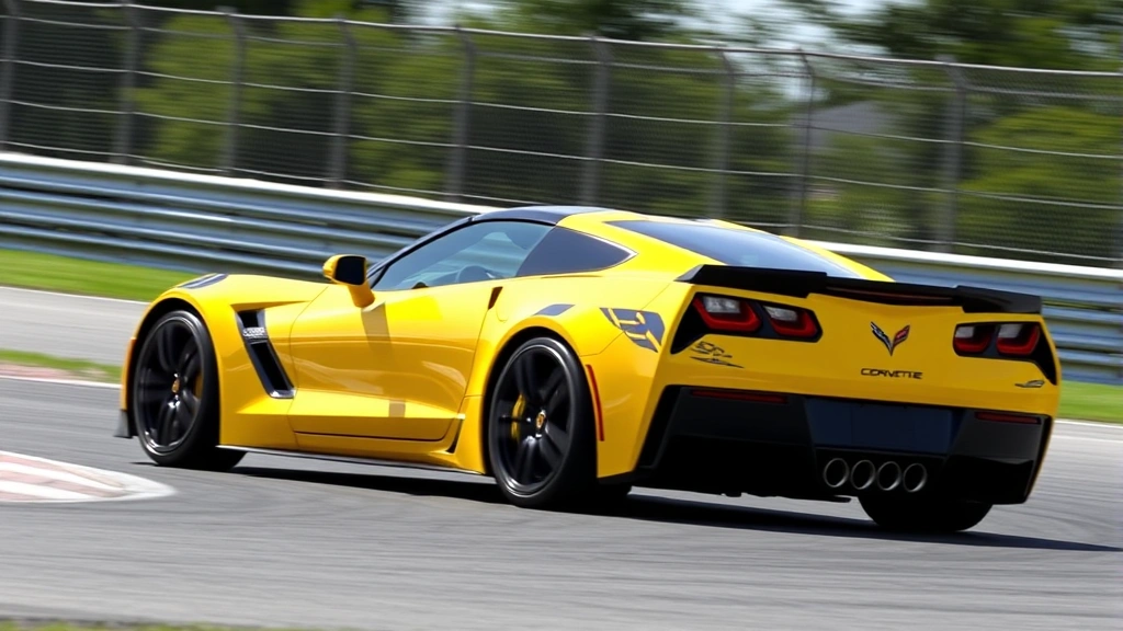 Chevrolet Corvette Z06 striking yellow mid-engine sports car in dynamic driving position on closed race track, blurred background emphasizing speed and performance capability