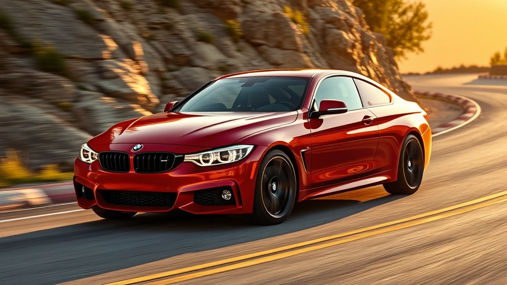 Red BMW M440i xDrive performance sedan cornering dynamically on mountain road, golden hour lighting, showcasing aggressive sport styling and handling capability