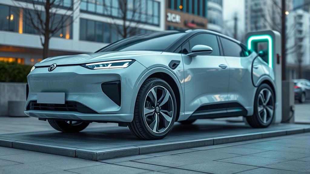 Modern electric vehicle on charging station with sleek aerodynamic design, minimalist LED lighting, and premium finish in urban setting