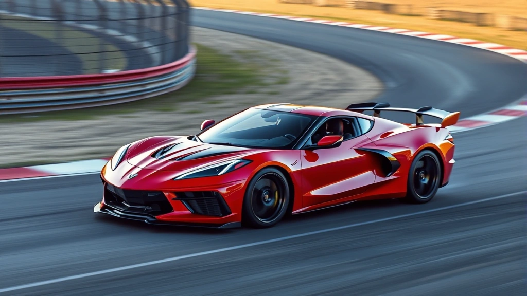 2024 Chevrolet Corvette Z06 fixed-roof coupe in red on race track with motion blur, showcasing aggressive aerodynamic package and wide stance during high-speed cornering