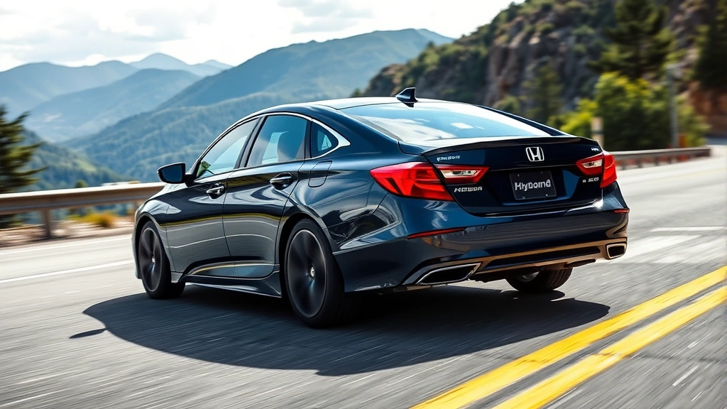 Honda Accord Hybrid dark blue sedan captured from three-quarter angle on mountain road, dynamic driving scene with scenic landscape background, professional automotive photography lighting