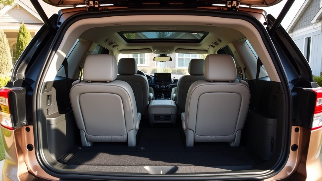 Modern family SUV parked in suburban driveway, three-row seating visible through windows, contemporary design, natural daylight, clean composition