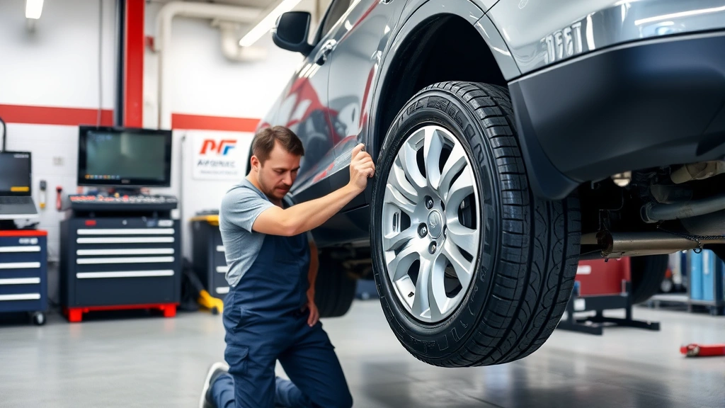 Professional mechanic inspecting and rotating four vehicle tires in a well-equipped automotive service facility with diagnostic equipment visible