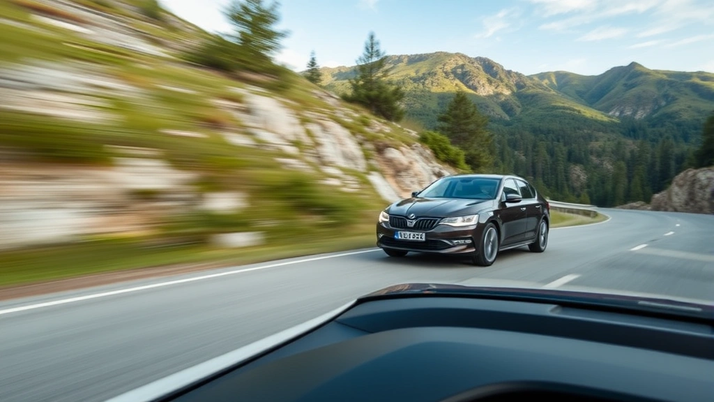 Dynamic performance sedan cornering on mountain road with blurred landscape, motion photography, professional quality, no dashboard or instrument panel visible
