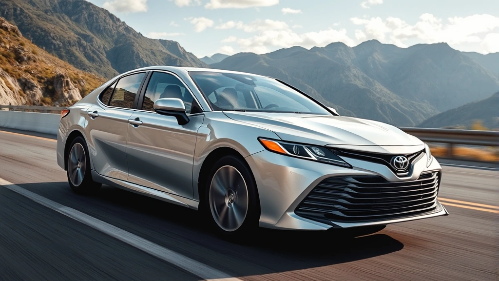 Toyota Camry hybrid sedan in silver color driving on scenic highway with mountains visible, dynamic motion shot, professional quality