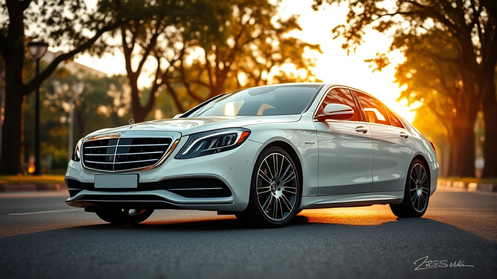 Mercedes-Benz S-Class in elegant pearl white color parked on a tree-lined boulevard at golden hour, showing sophisticated proportions and premium exterior design elements, soft natural lighting reflecting off polished surfaces