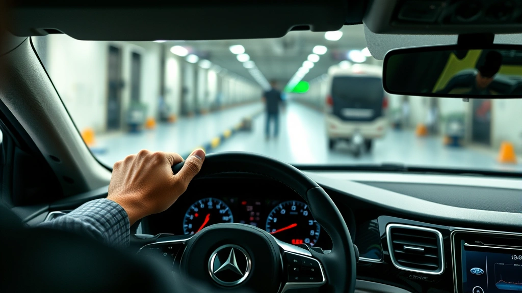 Close-up of vehicle dashboard and controls during evaluation, hands on steering wheel, multiple gauges visible, professional testing environment, detailed automotive assessment