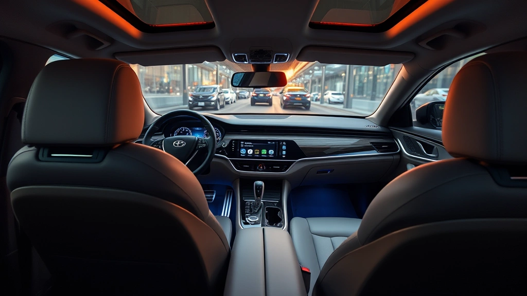Luxury sedan interior showing premium leather seats and modern digital dashboard display with ambient lighting and technology features